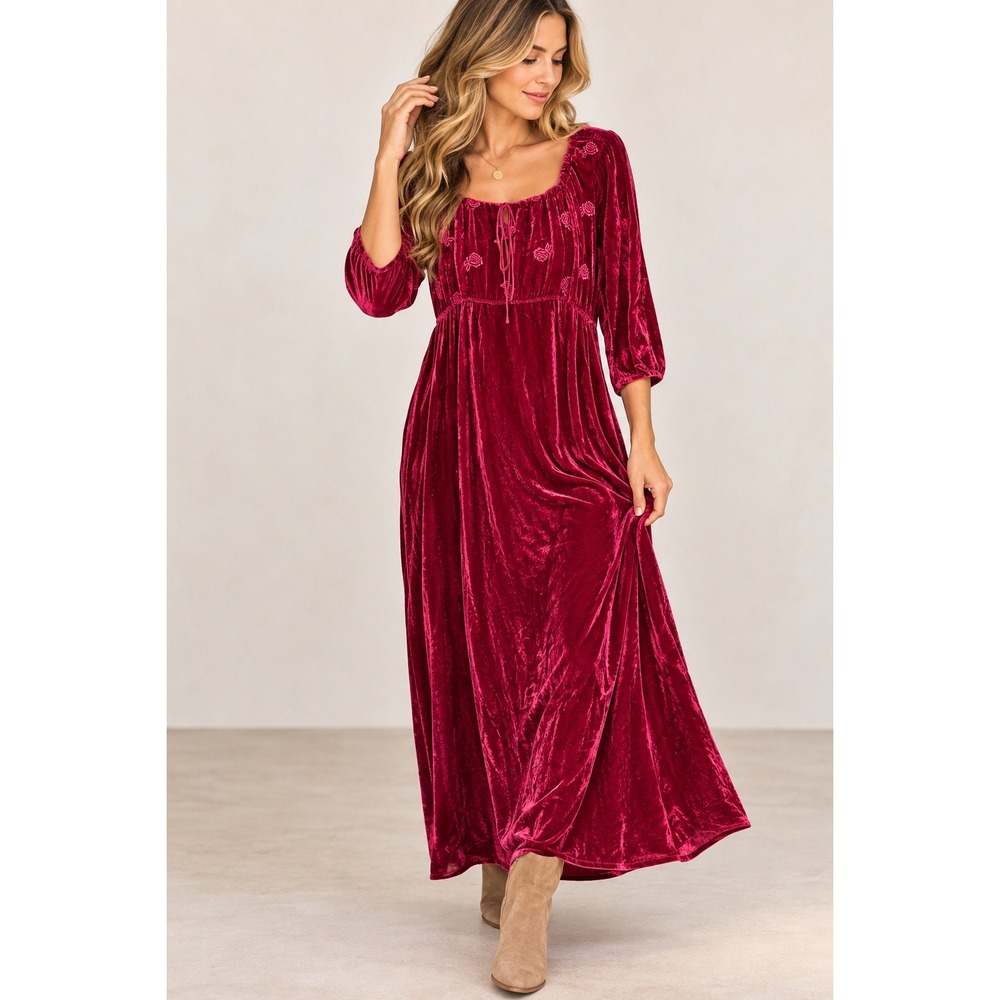 Johnny Was Velvet Maxi Dress S Raspberry Pink Embroidered Boho Button Back